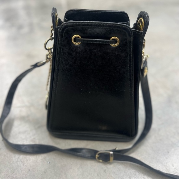 Small Black Crossbody Bag with Gold Accents and Drawstring Closure - Picture 11 of 13